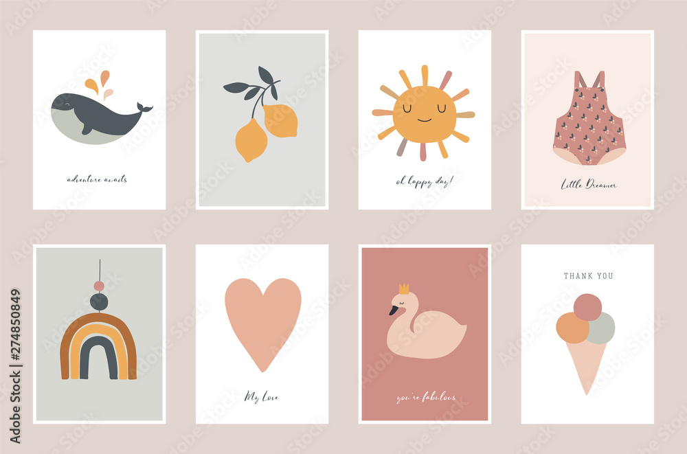 Baby, children, little kids cards, posters in simple, clean modern style. Perfect for nursery decor, fashion design