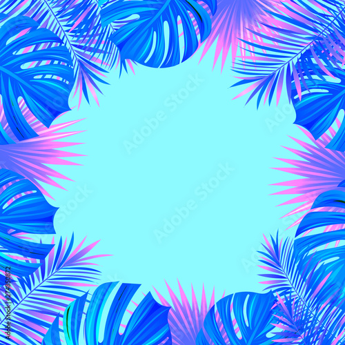 Tropical frame vector illustration. with exotic jungle plants, palm leaves, monstera. Folliage background. Exotic tropic design. Trendy bright colors. Travel, summer, spring, vacation card.