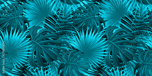 tropical forest vector illustration. Fairy tropic background. Jungle seamless texture. beautiful leaves, plants for summer, travelling, vacation design. Repeated wallpaper