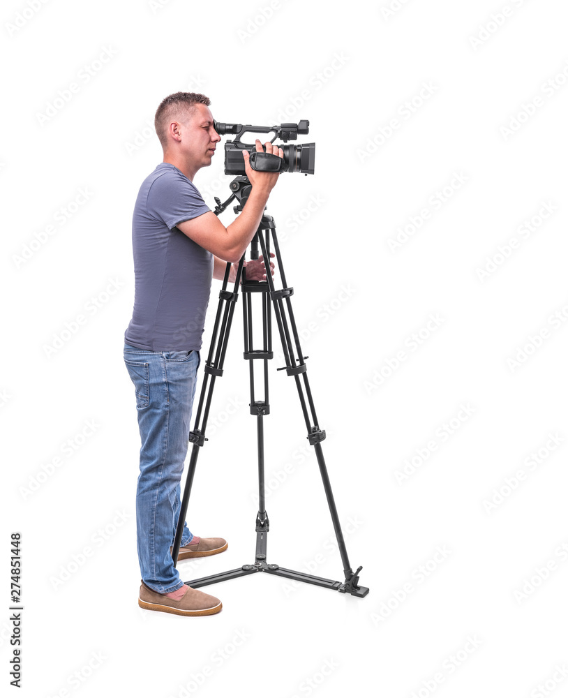 Cameraman. Video camera operator isolated on a white background. Stock