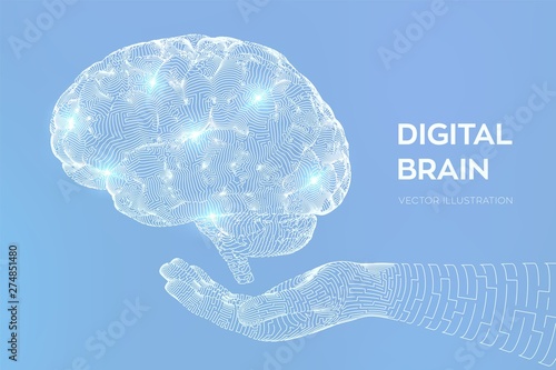 Brain. Digital brain in hand. 3D Science and Technology concept. Neural network. IQ testing, artificial intelligence virtual emulation science technology. Brainstorm think idea. Vector illustration.