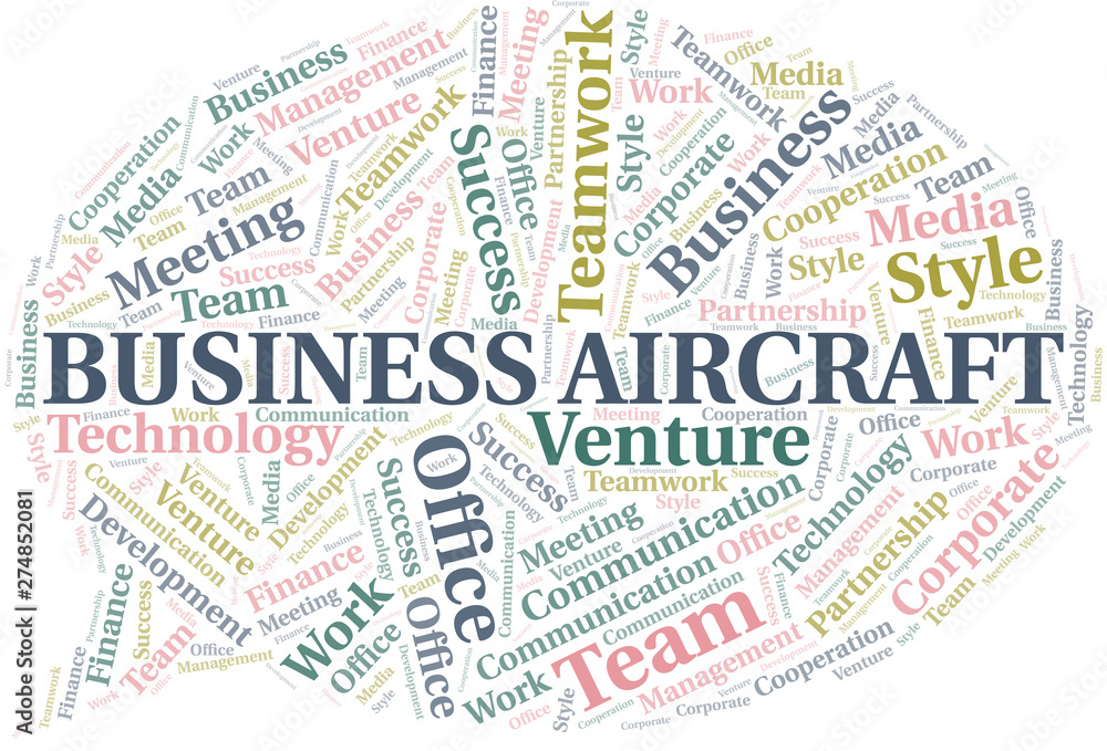 Business Aircraft word cloud. Collage made with text only.