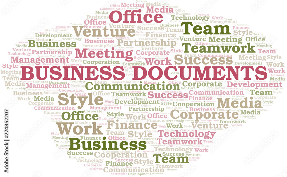 Business Documents word cloud. Collage made with text only.