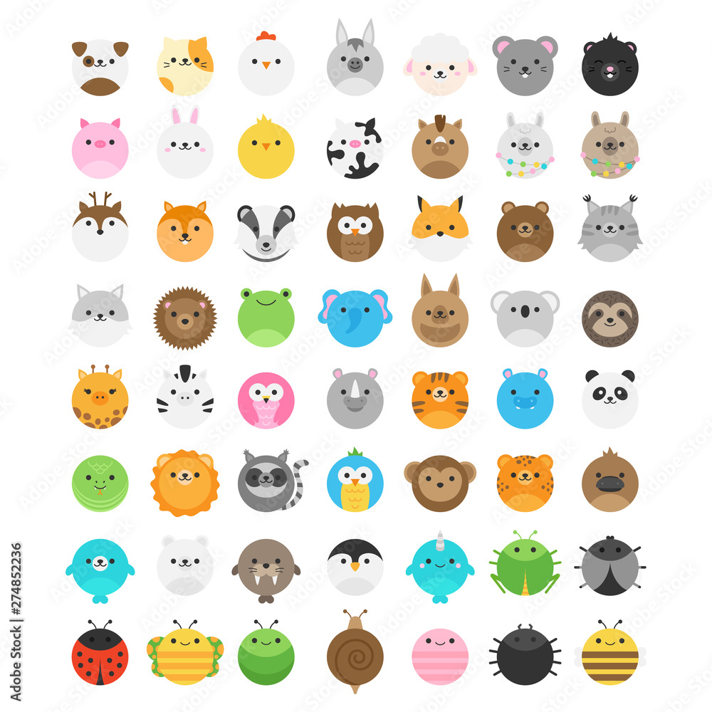 Round animal vector illustration collection. Big set of cute animal icons,  isolated. Random wild, savannah, jungle, zoo, farm, domestic, forest,  garden animals and insect. Stock Vector | Adobe Stock