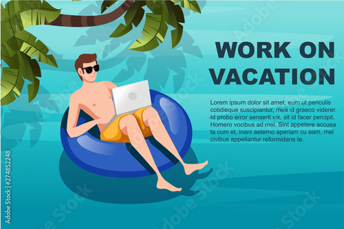 Young man floating on an blue inflatable circle with laptop flat vector illustration work at vacation horizontal banner