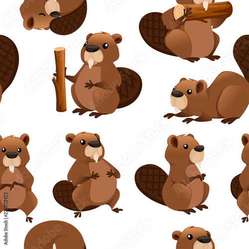 Seamless pattern of cute brown beaver. Cartoon character design. North American beaver Castor canadensis. Rodentia mammals. Happy animal. Flat vector illustration on white background