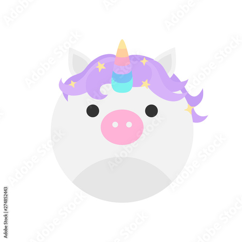 Cute unicorn round graphic vector icon. White  grey unicorn with pink nose  purple mane and rainbow horn. Mythical creature head  face illustration. Isolated.