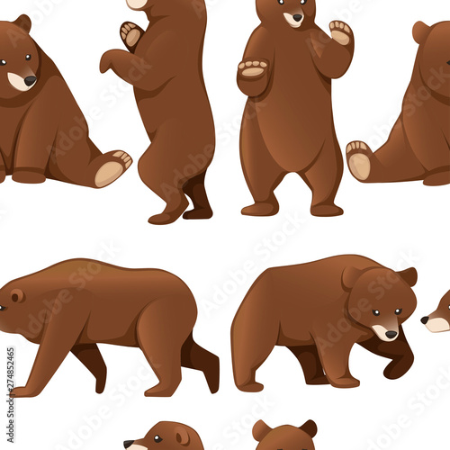 Seamless pattern of grizzly bears. North America animal, brown bear. Cartoon animal design. Flat vector illustration on white background