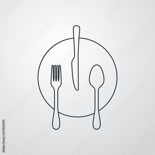 Icono plano lineal círculo con cubiertos en fondo gris