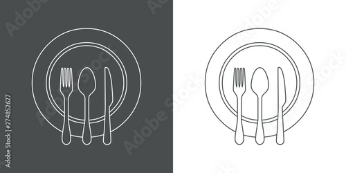 Icono plano lineal plato con cubiertos en gris y blanco