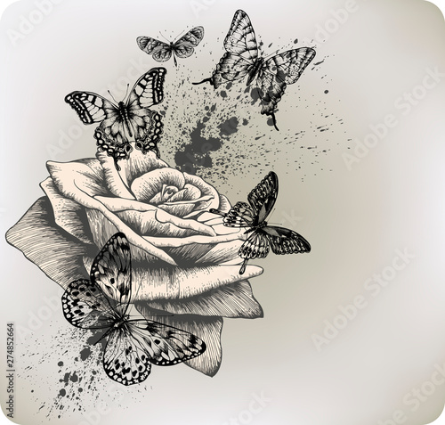 Wallpaper Mural Background with rose and butterflies flying, hand drawing.Vector illustration. Torontodigital.ca