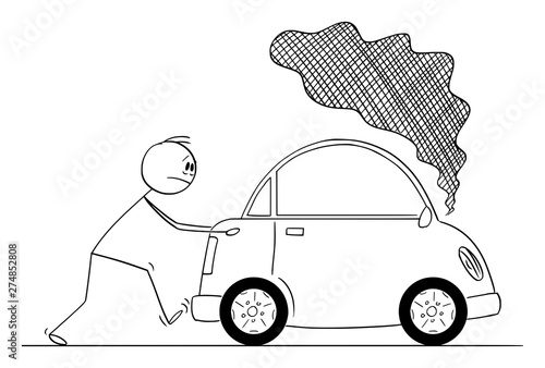 Vector cartoon stick figure drawing conceptual illustration of man pushing broken car with smoke coming from the engine.