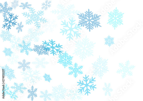 Snow flakes falling macro vector graphics, christmas snowflakes confetti falling scatter backdrop. Winter snow shapes decor. Windy flakes falling and flying winter cold vector background.