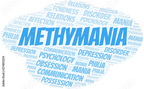 Methymania word cloud. Type of mania, made with text only.