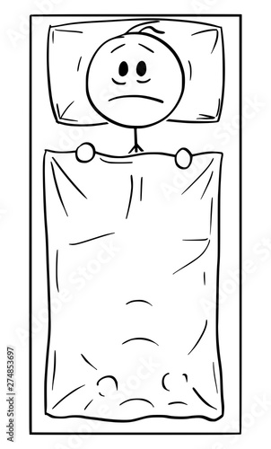 Vector cartoon stick figure drawing conceptual illustration of man with problem lying alone in bed in bedroom and thinking. Depression or insomnia concept.