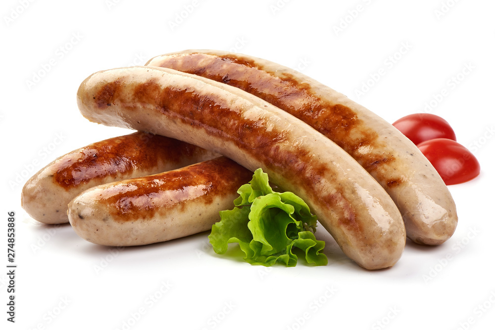 Grilled Thuringian Sausages, close-up, isolated on white background Grilled Thuringian Sausages, close-up, isolated on white background