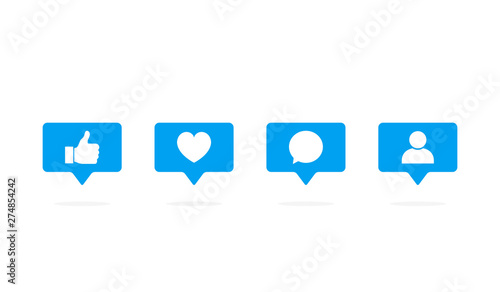 Speech bubble like, follower, comment, notification, heart, user icon set for social media