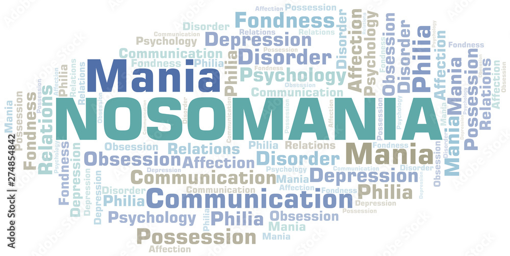 Nosomania word cloud. Type of mania, made with text only.