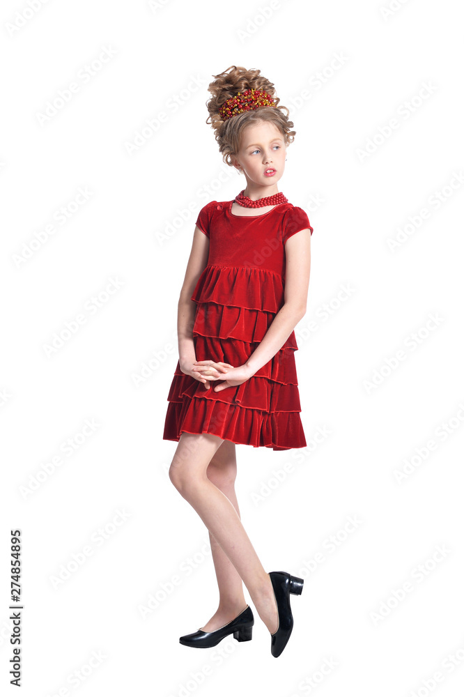 Full length. Girl in red dress posing isolated Full length. Girl in red dress posing isolated