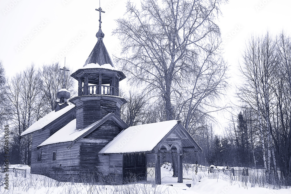landscape in russian kizhi church winter view / winter season snowfall in landscape with church architecture