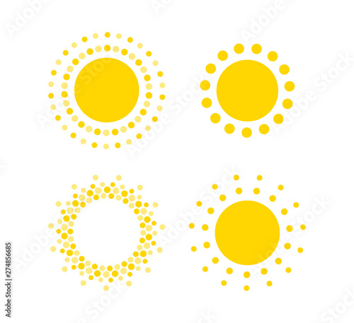 Sun dots icons. Summer rest sign. Travel agency or solar panel energy logo template. Sunny circle concept design. Isolated vector illustration set on white background. EPS10.