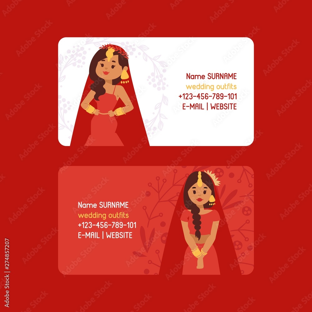 Wedding outfits set of business cards vector illustration. Beautiful indian woman wearing bridal clothing. Traditional celebration, love ceremony, hinduism costume. Red sari. Bollywood star fashion. Wedding outfits set of business cards vector illustration. Beautiful indian woman wearing bridal clothing. Traditional celebration, love ceremony, hinduism costume. Red sari. Bollywood star fashion.