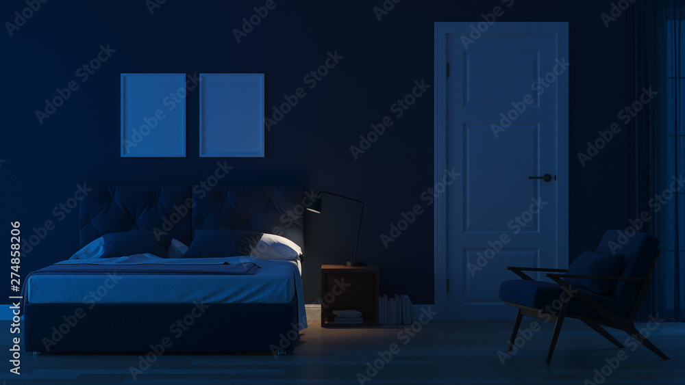 Modern house interior. Bedroom in blue tonnes. Night. Evening lighting. 3D rendering. Modern house interior. Bedroom in blue tonnes. Night. Evening lighting. 3D rendering.