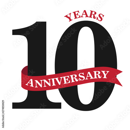 10 years anniversary design with red ribbon isolated on white background for celebration event