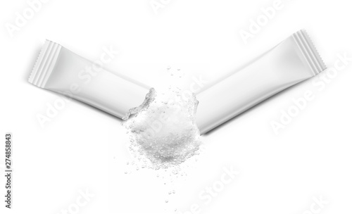 Damaged realistic stick pack with product on white background. Possibility use for sugar, granulated, powder products.  Vector illustration. EPS10.