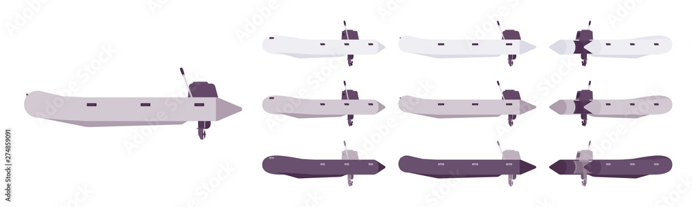 Rubber boat set. Inflatable vessel for enjoyable water fun or fishing, action sport equipment. Vector flat style cartoon illustration isolated on white background, different views and color Rubber boat set. Inflatable vessel for enjoyable water fun or fishing, action sport equipment. Vector flat style cartoon illustration isolated on white background, different views and color