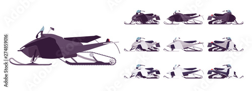 Snowmobile transport set. Motor sled, vehicle for extreme travelling on snow and ice, winter recreation. Vector flat style cartoon illustration isolated on white background, different views and color