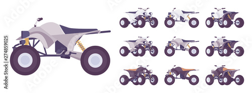 ATV transport set. All terrain motorized vehicle, off highway four wheeler for dunes, trails or track. Vector flat style cartoon illustration isolated on white background, different views and color