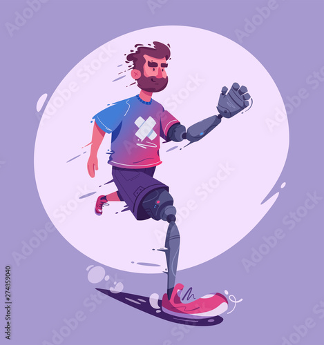 Man with a prosthesis is running. Sport concept. Cartoon vector illustration.