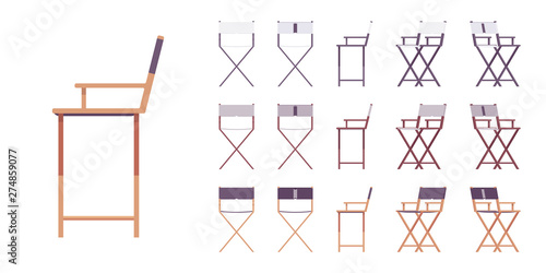 Folding chair set. Home space saving and touristic functional furniture for indoor and outdoor use. Vector flat style cartoon illustration isolated on white background, different views and color