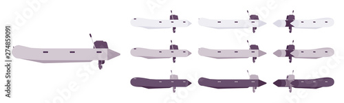 Rubber boat set. Inflatable vessel for enjoyable water fun or fishing, action sport equipment. Vector flat style cartoon illustration isolated on white background, different views and color
