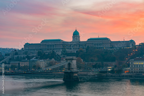 Sunset view of the famous Széchenyi Chain Bridge with Buda Castle