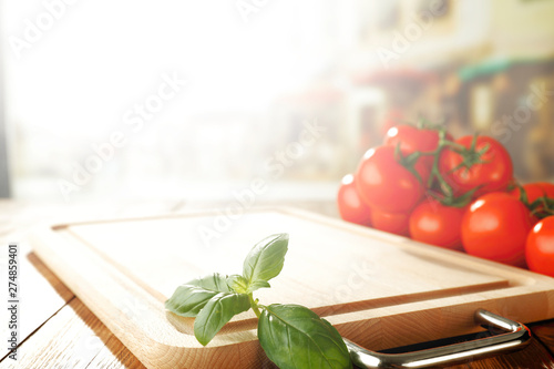 Desk of free space and summer background of tomatoes. 