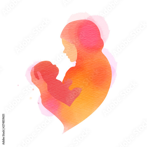 Happy mother's day. Side view of Happy Muslim mom with her baby  silhouette plus abstract watercolor painted. Muslim mama with her child. Double exposure illustration. Digital art painting.