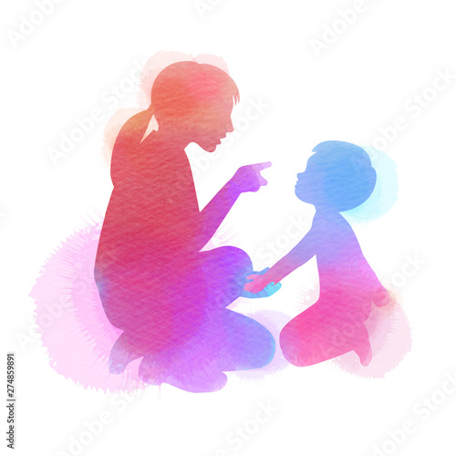 Happy mother's day. Side view of beautiful woman is scolding her son,  silhouette plus abstract watercolor painted. Parenting concept. Double exposure illustration. Digital art painting.