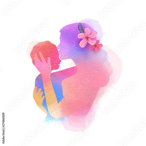 Happy mother's day. Side view of Happy mom with son  silhouette plus abstract watercolor painted. Double exposure illustration. Digital art painting.