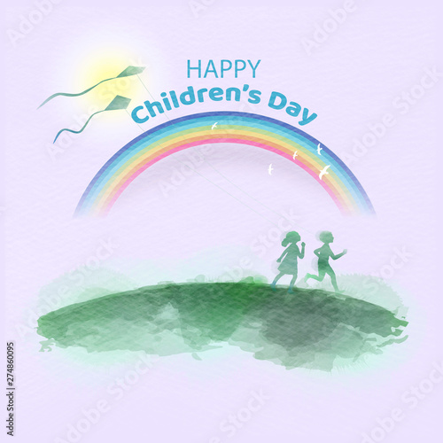 Watercolor of happy kids running together . Happy children's day.