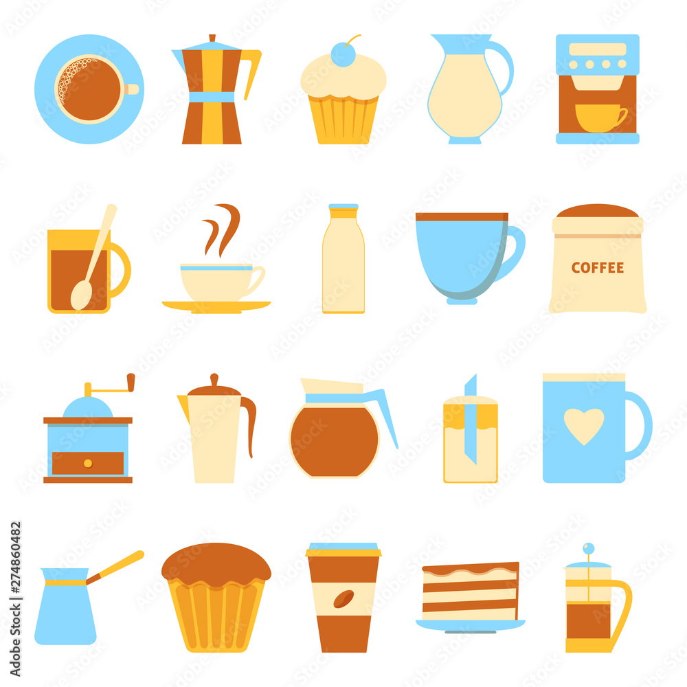 Coffee drink icons set in flat style