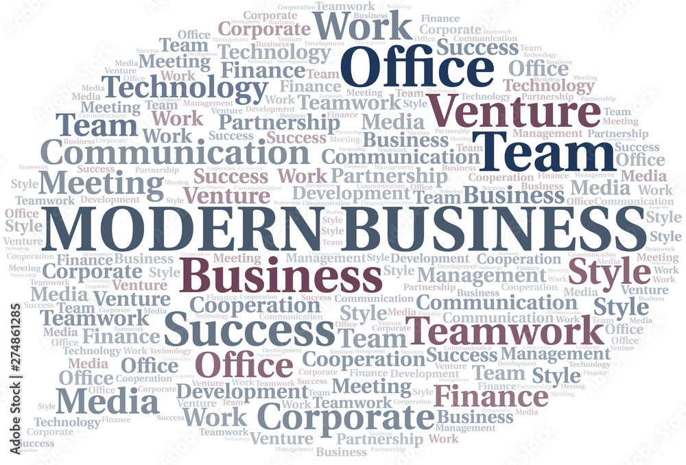 Modern Business word cloud. Collage made with text only.