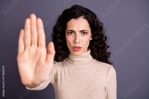 Close-up portrait of her she nice-looking lovely attractive charming cute wavy-haired lady showing palm conflict avoid refuse blocking isolated over gray pastel background photo