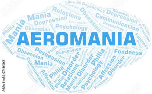 Aeromania word cloud. Type of mania, made with text only.