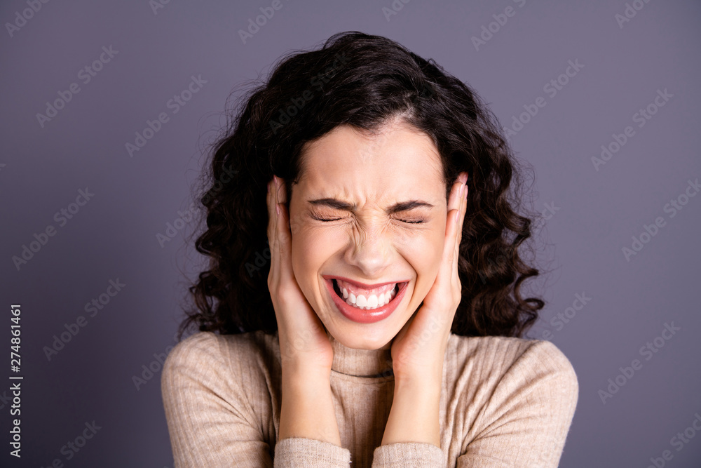 Close-up portrait of her she nice-looking lovely attractive charming cute angry crazy overwhelmed overworked wavy-haired lady avoiding communication isolated over gray pastel background Close-up portrait of her she nice-looking lovely attractive charming cute angry crazy overwhelmed overworked wavy-haired lady avoiding communication isolated over gray pastel background
