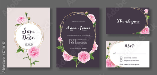 Wedding Invitation card, save the date, thank you, rsvp template. Vector. Pink rose flower. photo