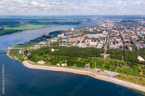 Bild auf Leinwand Panorama of city Tomsk and Tom River. Aerial top view