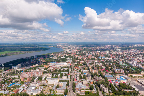 Panorama of city Tomsk and Tom River. Aerial top view