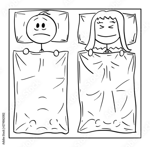 Vector cartoon stick figure drawing conceptual illustration of couple lying in bed, woman is sleeping, man can't sleep, thinking about problem or suffering insomnia.